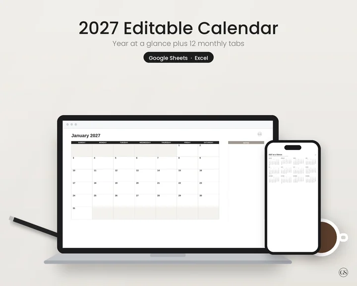 Main preview of the 2027 Editable Calendar (Google Sheets & Excel)