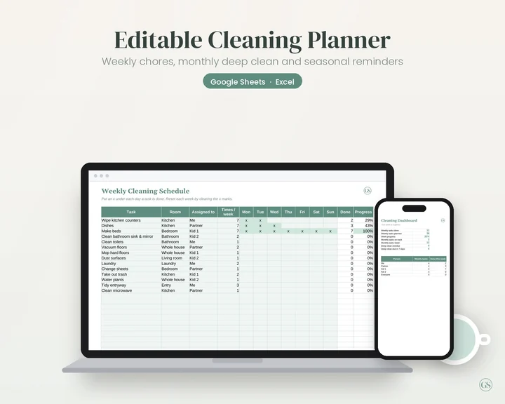 Main preview of the Editable Cleaning Planner (Google Sheets & Excel)